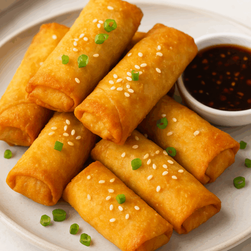 Crispy golden air fryer chicken spring rolls on a plate with dipping sauce, garnished with sesame seeds and green onions.