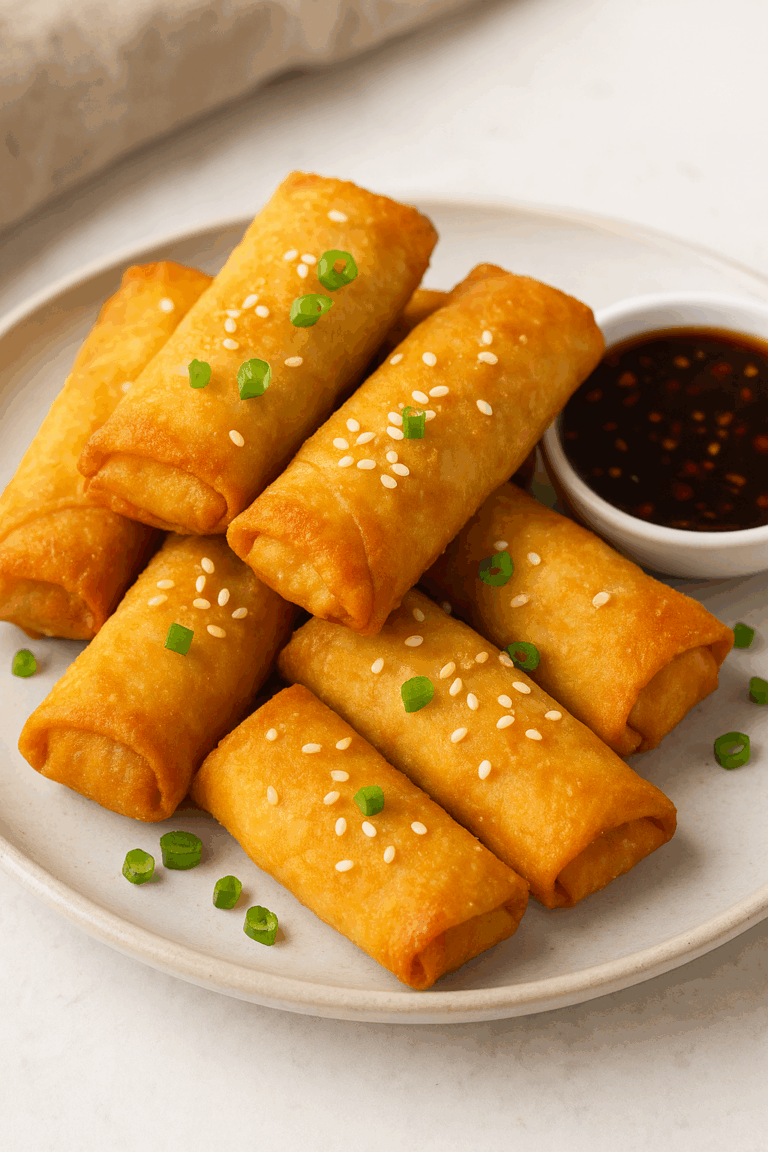 Crispy golden air fryer chicken spring rolls on a plate with dipping sauce, garnished with sesame seeds and green onions.