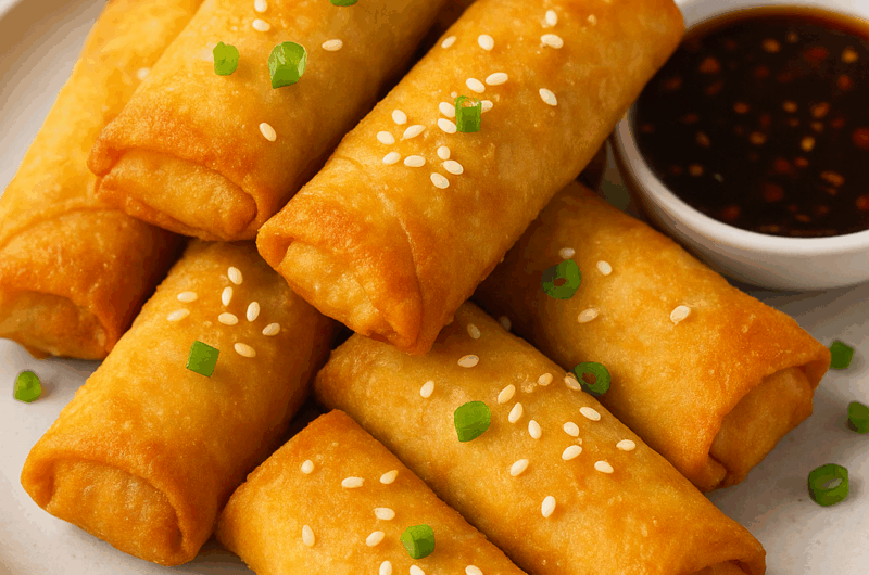 Crispy golden air fryer chicken spring rolls on a plate with dipping sauce, garnished with sesame seeds and green onions.