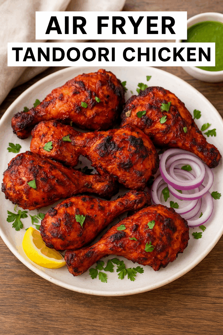 Air Fryer Tandoori Chicken – a smoky, spicy, and juicy Indian chicken recipe made with yogurt and aromatic spices. Cooked to perfection in the air fryer, it’s healthier than restaurant-style tandoori and packed with authentic flavors!
