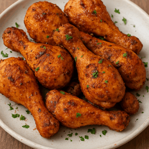 Crispy golden air fryer chicken drumsticks served on a ceramic plate, seasoned with spices and garnished with fresh parsley.