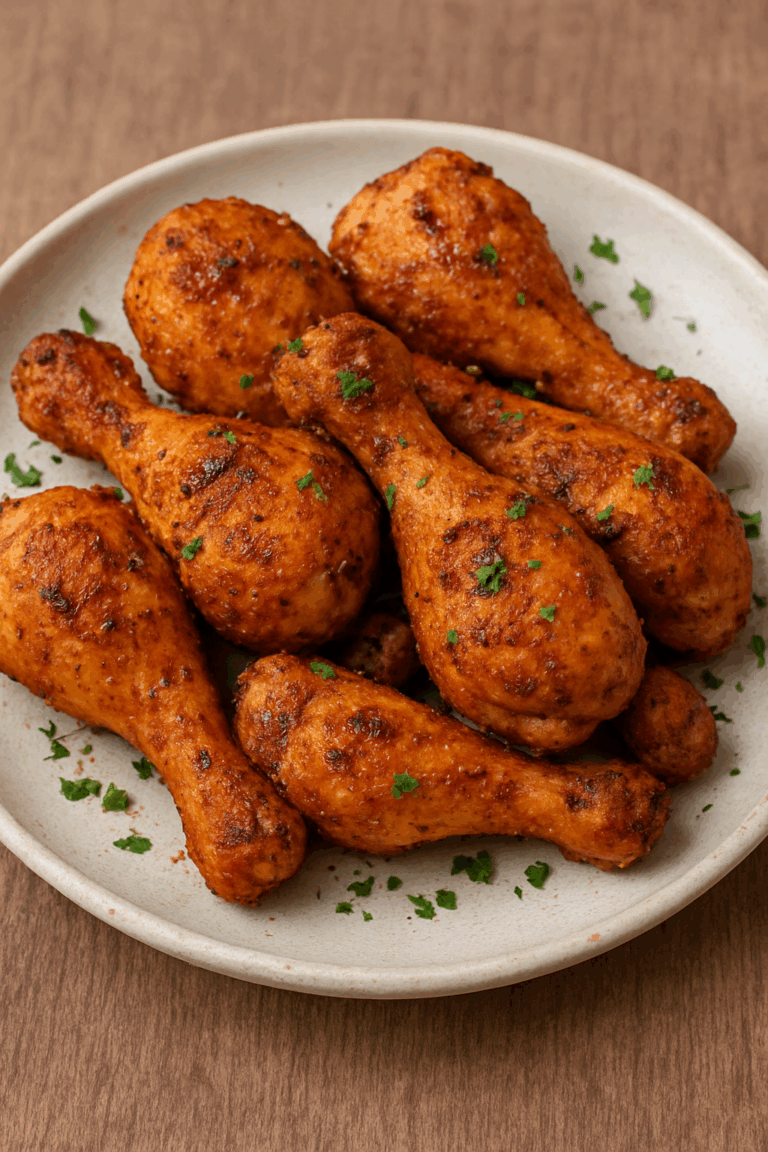 Crispy golden air fryer chicken drumsticks served on a ceramic plate, seasoned with spices and garnished with fresh parsley.
