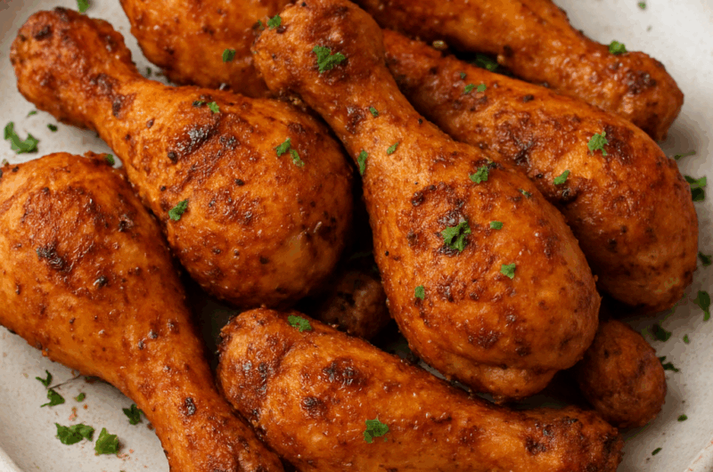 Crispy golden air fryer chicken drumsticks served on a ceramic plate, seasoned with spices and garnished with fresh parsley.