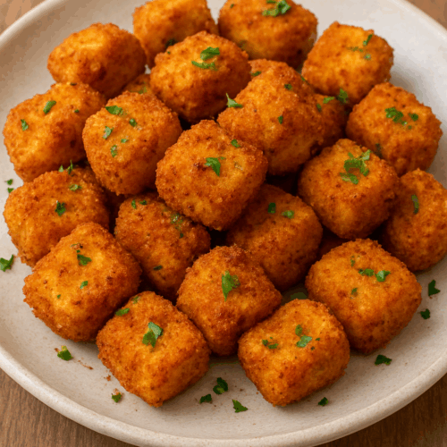 Crispy golden air fryer paneer popcorn bites served on a ceramic plate, garnished with fresh parsley.
