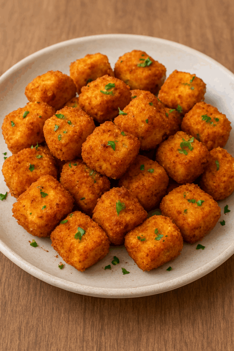 Crispy golden air fryer paneer popcorn bites served on a ceramic plate, garnished with fresh parsley.