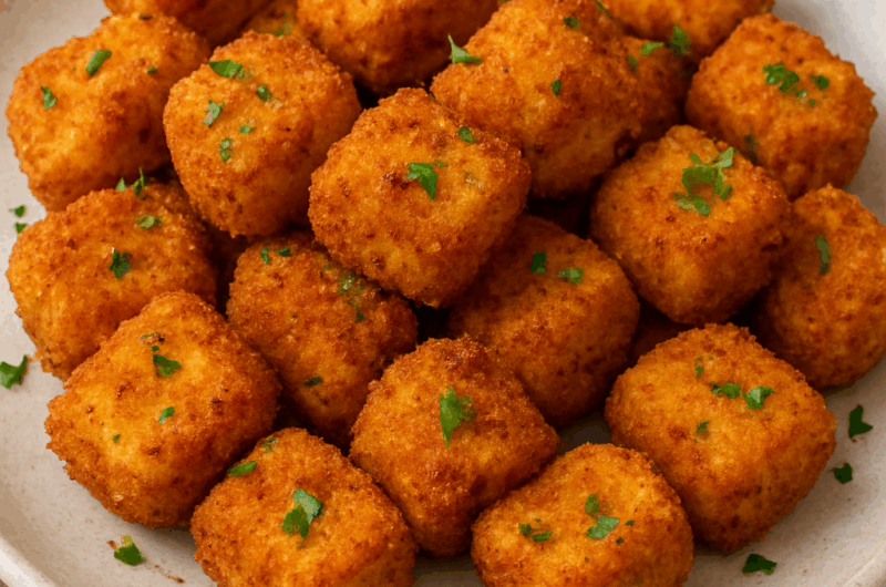 Crispy golden air fryer paneer popcorn bites served on a ceramic plate, garnished with fresh parsley.