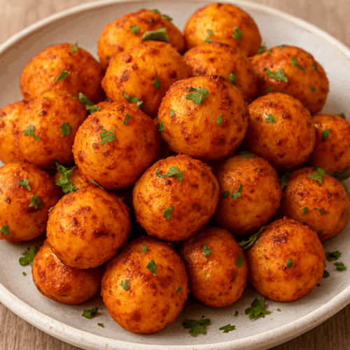 Air fryer tandoori baby potatoes served on a ceramic plate, coated with spicy reddish-orange seasoning and garnished with fresh cilantro.