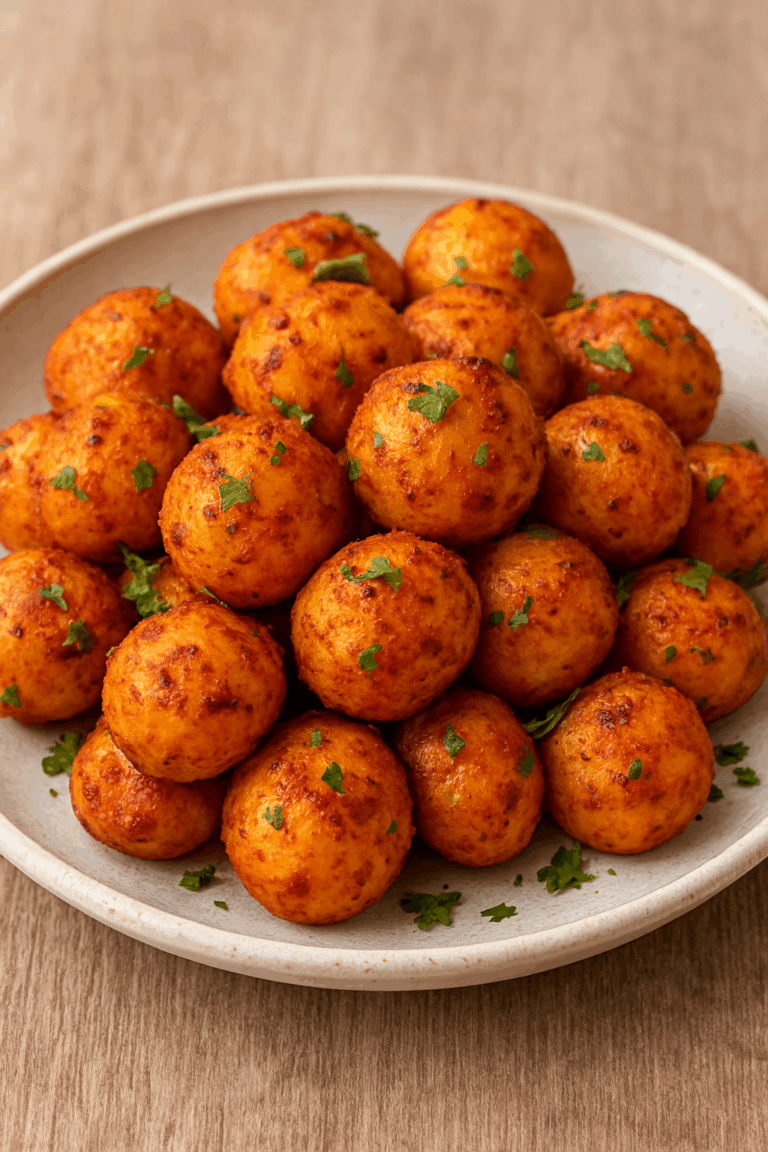 Air fryer tandoori baby potatoes served on a ceramic plate, coated with spicy reddish-orange seasoning and garnished with fresh cilantro.