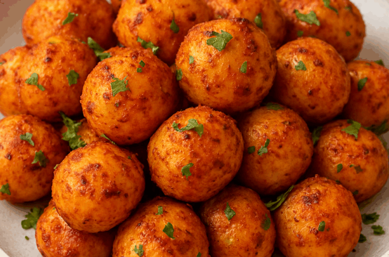 Air fryer tandoori baby potatoes served on a ceramic plate, coated with spicy reddish-orange seasoning and garnished with fresh cilantro.