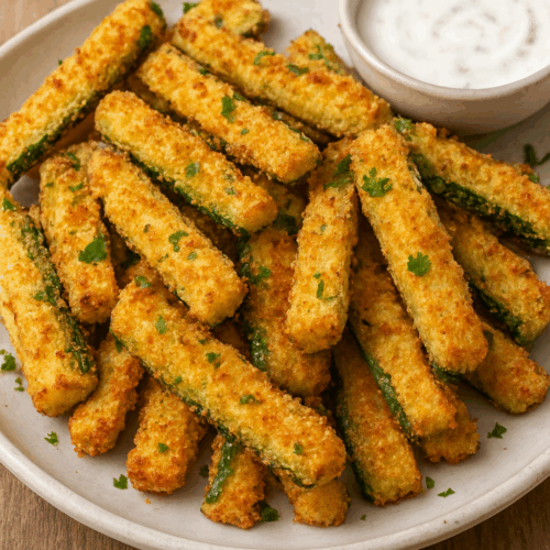 Crispy golden air fryer zucchini fries served on a ceramic plate with fresh parsley garnish and a bowl of creamy dipping sauce.