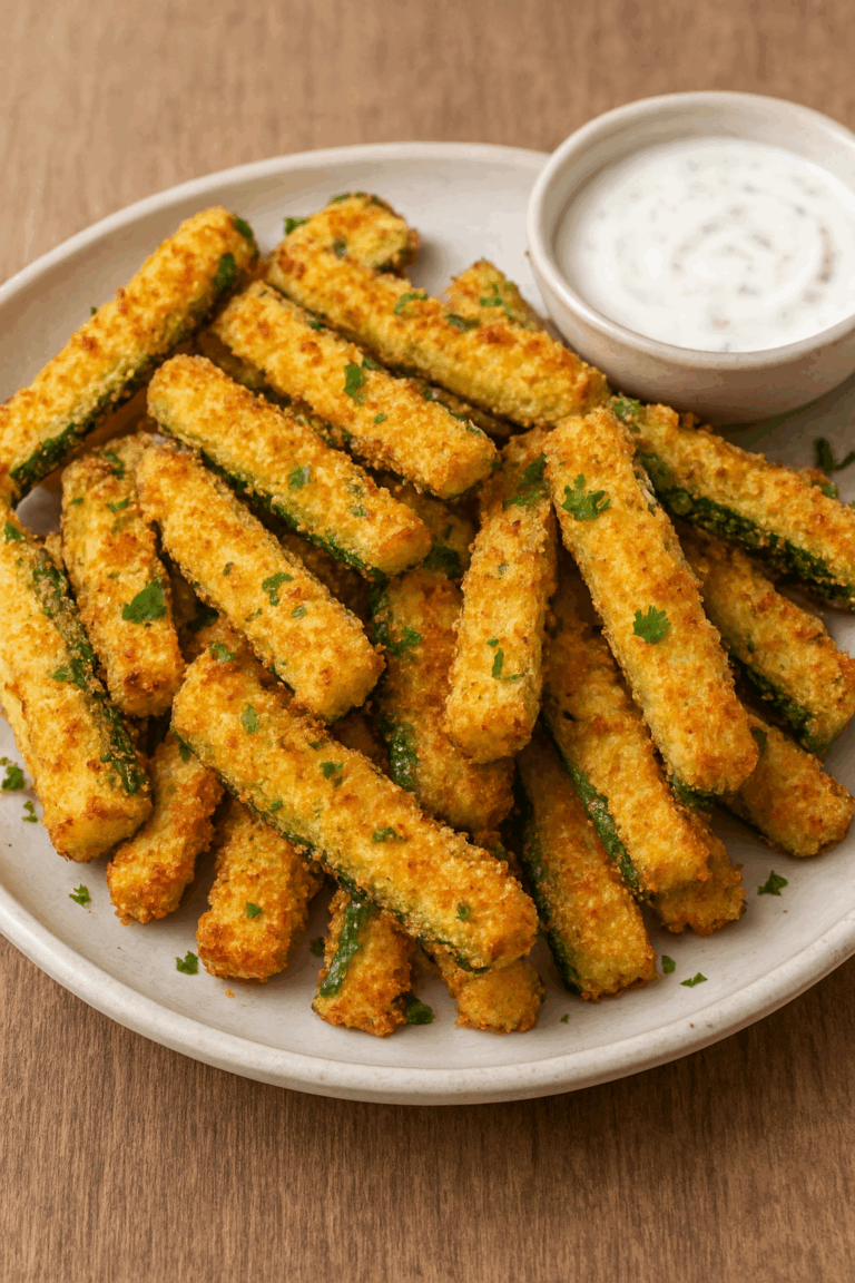 Crispy golden air fryer zucchini fries served on a ceramic plate with fresh parsley garnish and a bowl of creamy dipping sauce.