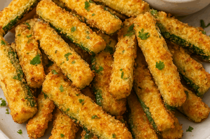 Crispy golden air fryer zucchini fries served on a ceramic plate with fresh parsley garnish and a bowl of creamy dipping sauce.