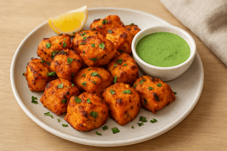 Crispy golden air fryer fish tikka served on a ceramic plate with green chutney and a lemon wedge, garnished with fresh cilantro.