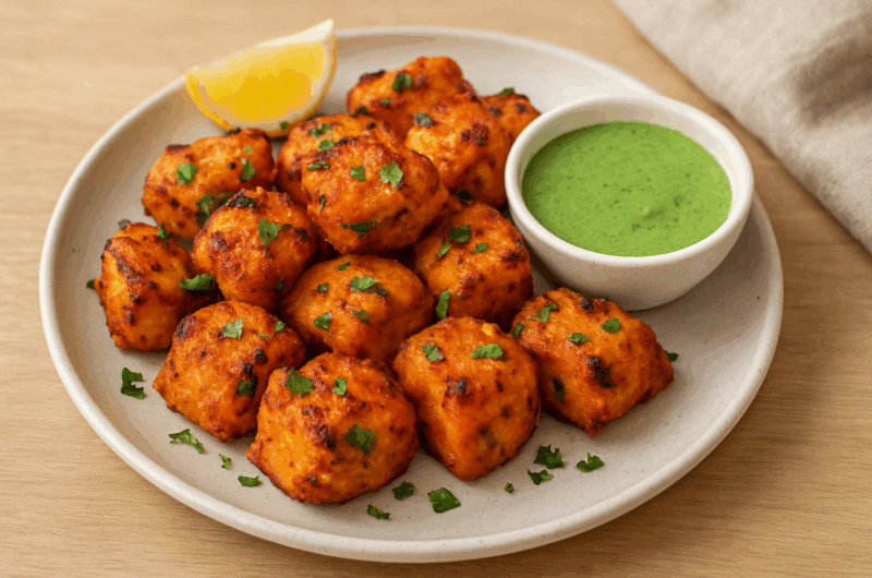 Crispy golden air fryer fish tikka served on a ceramic plate with green chutney and a lemon wedge, garnished with fresh cilantro.