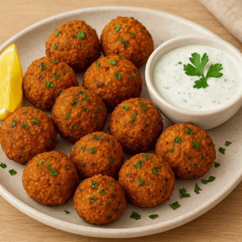 Crispy golden-brown air fryer falafel balls served on a ceramic plate with fresh parsley garnish, lemon wedge, and a side of creamy yogurt dipping sauce.