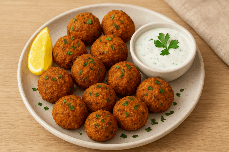 Crispy golden-brown air fryer falafel balls served on a ceramic plate with fresh parsley garnish, lemon wedge, and a side of creamy yogurt dipping sauce.