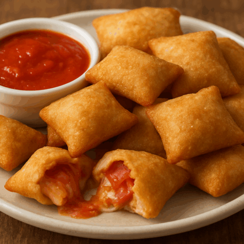 Golden brown air fryer pizza rolls served with marinara dipping sauce