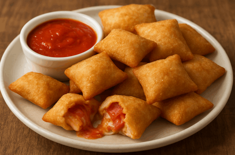 Golden brown air fryer pizza rolls served with marinara dipping sauce